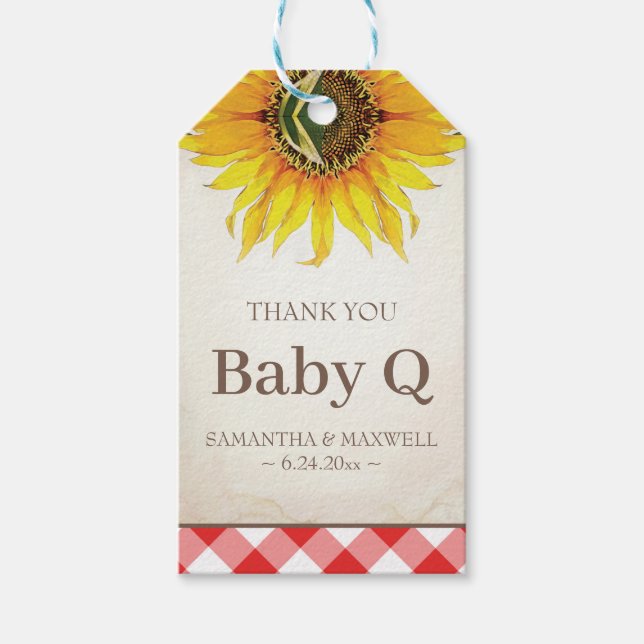 Etiqueta Para Presente Baby Q Gingham e Sunflower Obrigado Red (Frente)