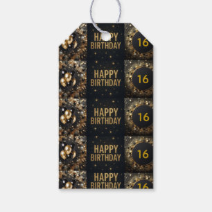 Etiqueta Para Presente Balão de Aniversário Brilho Preto e Dourado