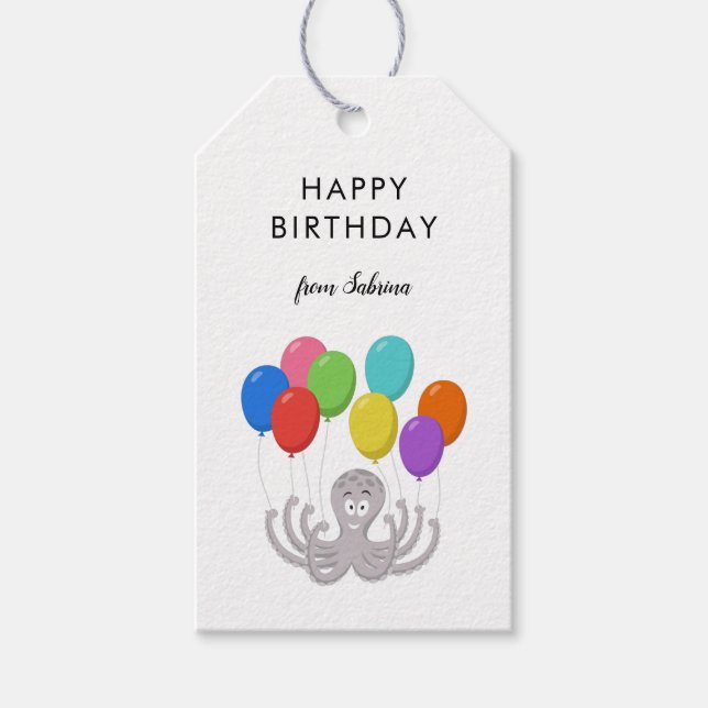 Etiqueta Para Presente Balões de Aniversário Felizes e Cute Octopus (Frente)