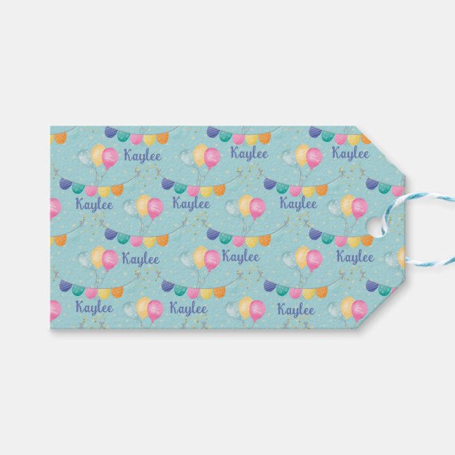 Etiqueta Para Presente Balões e estrelas de aniversário em azul (Frente (horizontal))