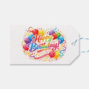Etiqueta Para Presente Baloões de Confete de Arco-íris de Feliz Aniversár
