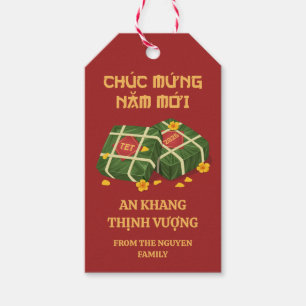 Etiqueta Para Presente Banh Chung Ochna Vermelho e Dourado Tet Vietnamita