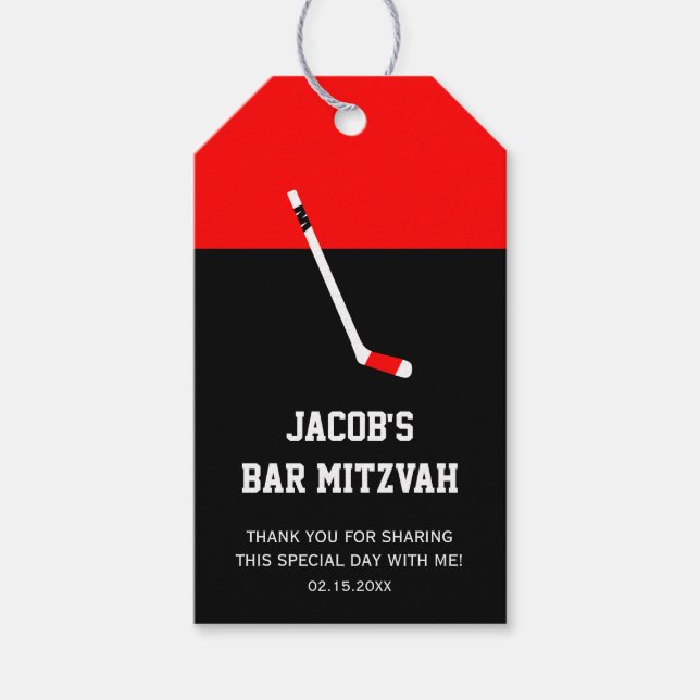 Etiqueta Para Presente Bar de Hóquei Negro Vermelho Mitzvah (Frente)