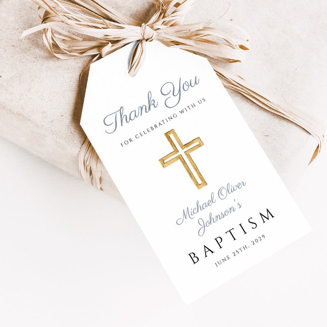 Etiqueta Para Presente Batismo Azul Cruzado Religioso (Religious Cross Boy Blue Baptism Gift Tags)