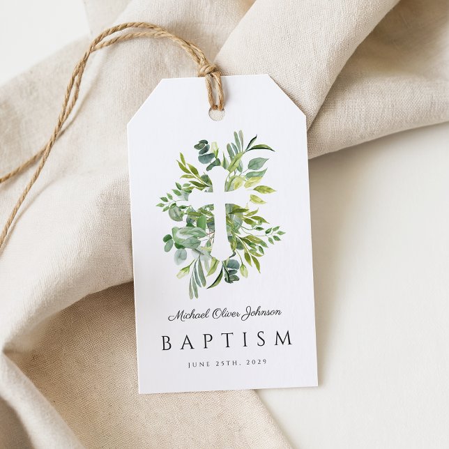 Etiqueta Para Presente Batismo Botânico Religioso Elegante (Elegant Botanical Religious Cross Baptism Gift Tags)