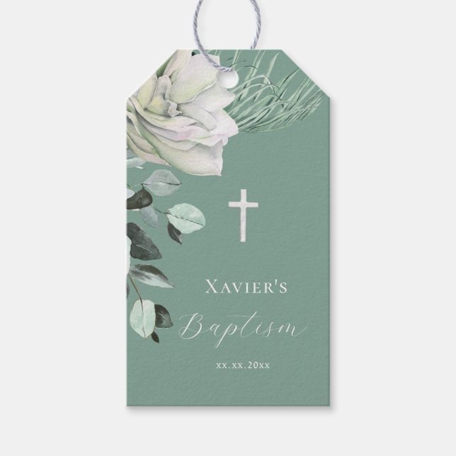 Etiqueta Para Presente Batismo buquê verde branco (Frente)