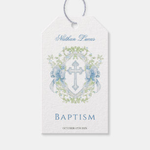 Etiqueta Para Presente Batismo Cruz Crest Greenery Baby Boy Tag