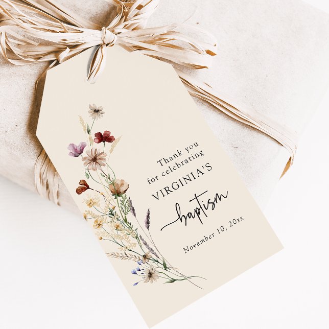 Etiqueta Para Presente Batismo de Flores Silvestres (Boho Wildflower Baptism Gift Tags by Painted Paperie
)