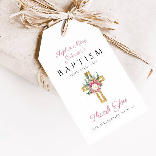 Etiqueta Para Presente Batismo Elegante Rosa Floral Cross Girl