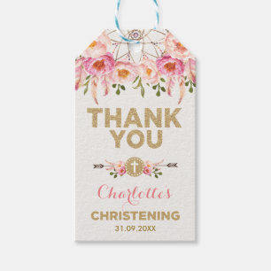 Etiqueta Para Presente Batismo floral Dourado cor-de-rosa feminino de