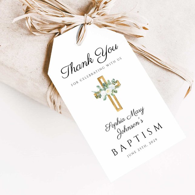 Etiqueta Para Presente Batismo Floral Religioso Elegante Obrigado (Elegant Religious Cross Floral Baptism Thank You Gift Tags)