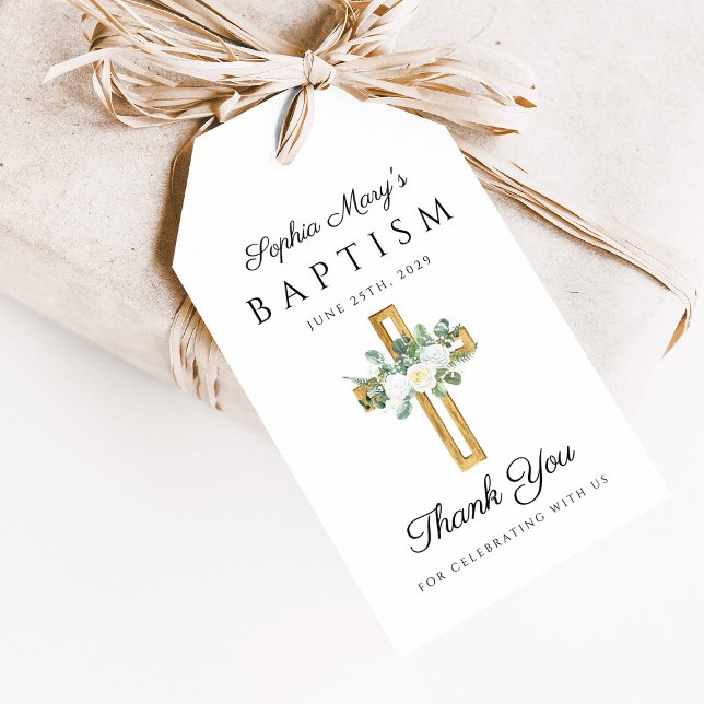 Etiqueta Para Presente Batismo religioso Entre Pessoas Florais (Religious Cross Floral Peonies Baptism Thank You Gift Tags)