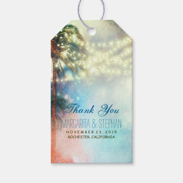 Etiqueta Para Presente Beach Palms Watercolor Wedding Obrigado (Frente)