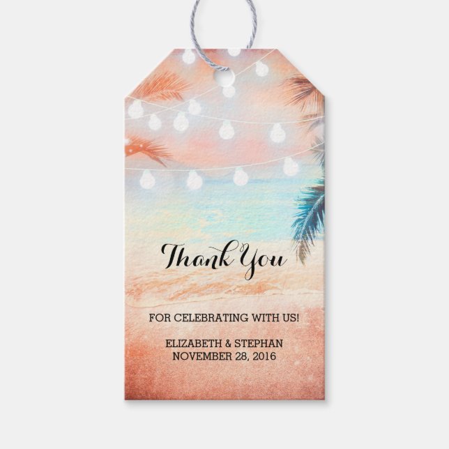 Etiqueta Para Presente Beach Sunset String Lights Palms Casamento Obrigad (Frente)