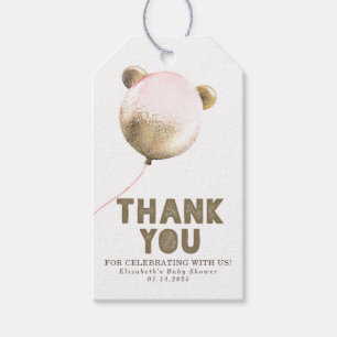 Etiqueta Para Presente Bear Balão Dourado Rosa e Castanho Obrigado