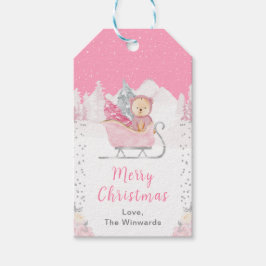 Etiqueta Para Presente Bear de inverno Pink Sleigh Feliz Natal