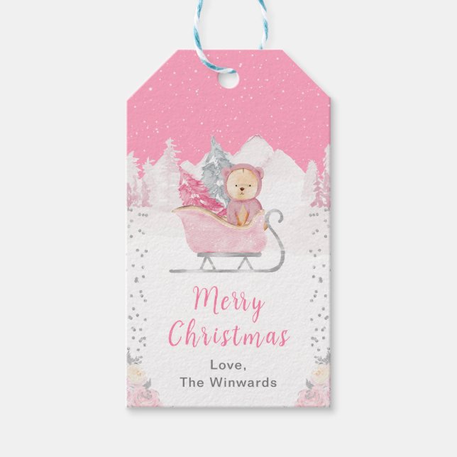 Etiqueta Para Presente Bear de inverno Pink Sleigh Feliz Natal (Frente)