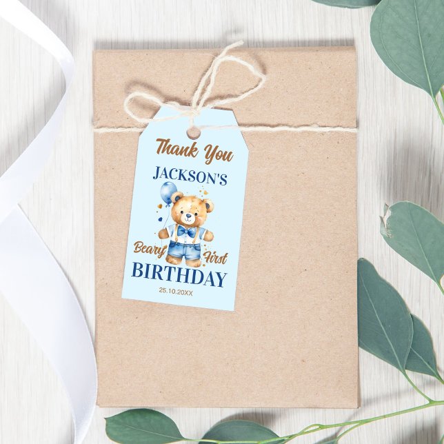Etiqueta Para Presente Beary First boys aniversário bonitinho ursinho fav (Teddy bear first boys birthday favor gift tags cute teddy with blue denim shorts blue balloon favor)