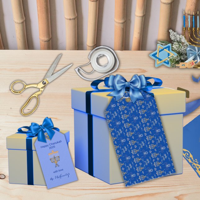 Etiqueta Para Presente Beautiful Elegant Blue Hanukkah Menorah (Criador carregado)