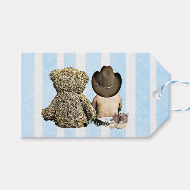 Etiqueta Para Presente Bebê Cowboy e Urso Teddy Obrigado (Frente (horizontal))