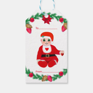 Etiqueta Para Presente Bebê de Natal & grinalda de pinheiro com poinsétia
