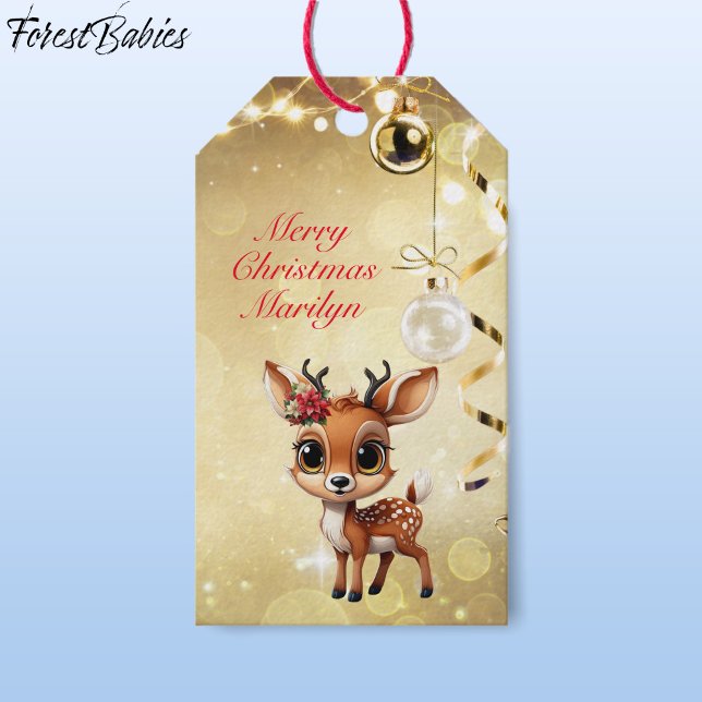 Etiqueta Para Presente Bebê, Fawn, Doce, Reindeer 🦌 🎄 Festivo Dourado (Cute Baby Floral Deer, Fawn, Poinsettia Flower Doe Lover Reindeer Antlers ForestBabies Gift Tag🦌 🎄)