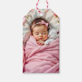 Etiqueta Para Presente Bebê Floral Rosa e Gatinho Branco