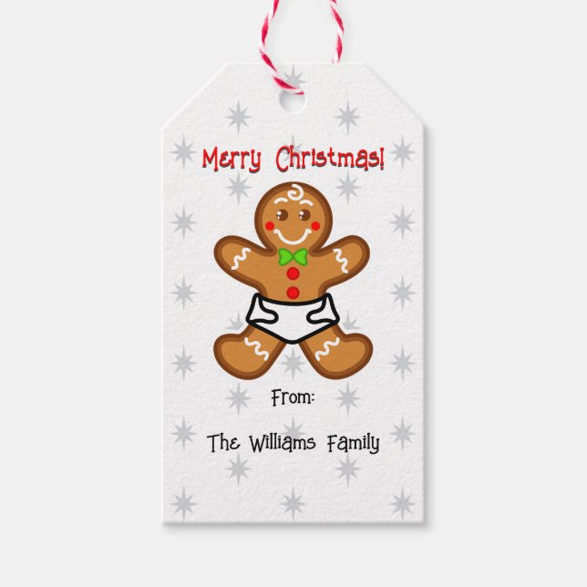 Etiqueta Para Presente Bebê Gingerbread doce Natal Branco-Vermelho (Frente)