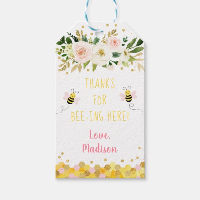 Etiqueta Para Presente Bebê Rosa Dourado Aniversário Floral Obrigado (Frente)