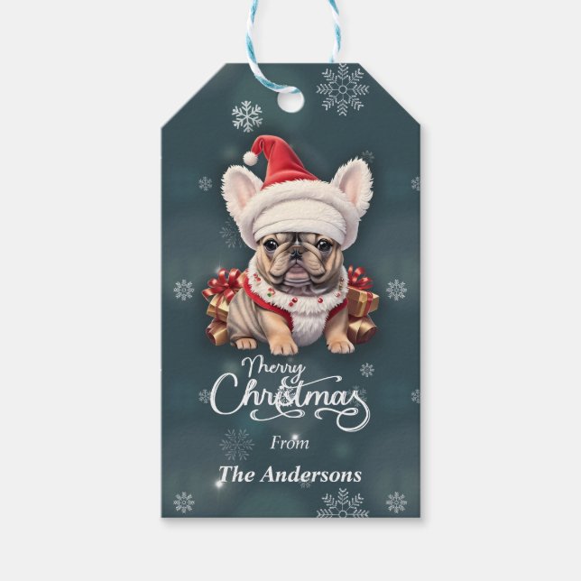 Etiqueta Para Presente Belo Bulldog Francês Santa Hat Feliz Natal (Frente)