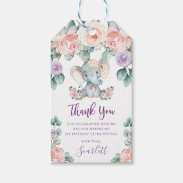 Etiqueta Para Presente Belo Elefante Rosa, Floral Aniversário Obrigado Po