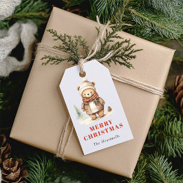 Etiqueta Para Presente Belo Urso de Aquarela Feliz Feriado de Natal