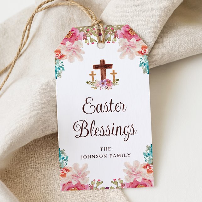 Etiqueta Para Presente Bênçãos à páscoa Cruz Floral Elegante (Easter Blessings Elegant Floral Cross Gift Tags)