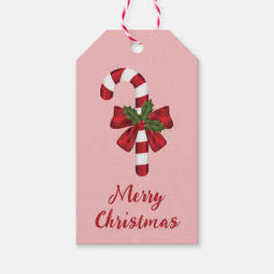 Etiqueta Para Presente Bengala de Natal Vermelha e Branca com Texto Feliz