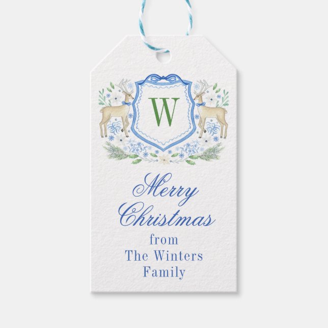 Etiqueta Para Presente Berna de Aquarela Monograma Crest Natal (Frente)