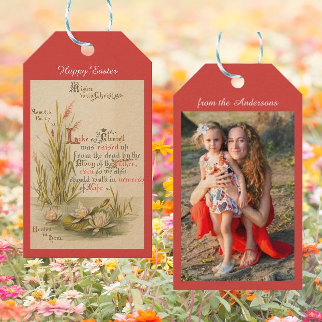 Etiqueta Para Presente Bíblia Católica Cristã Versa Páscoa de Fotos (Religious Christian Catholic Bible Verse Resurrection of Jesus Christ Family Photo Easter Gift Tags)