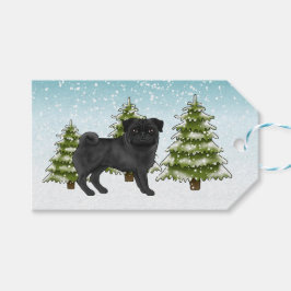 Etiqueta Para Presente Black Pug Cute Cartoon Dog Snowy Winter Forest