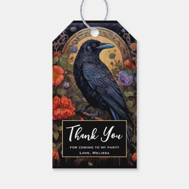 Etiqueta Para Presente Black Raven com Flores Gótico Obrigado (Frente)
