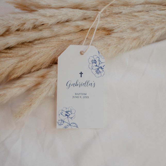 Etiqueta Para Presente Blue Botanical Floral Baptism  (Vintage Blue Floral Rectangle Baptism Favor Tag)