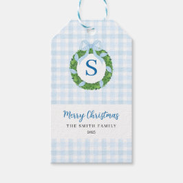Etiqueta Para Presente Blue Bow Wreath Gingham Christmas