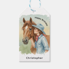 Etiqueta Para Presente Blue Cowboy Kissing a Horse Birthday Thanks