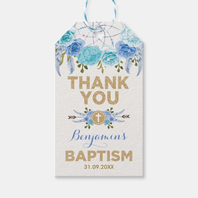 Etiqueta Para Presente Blue Dourado Dreamcatcher Baptism Christening (Frente)