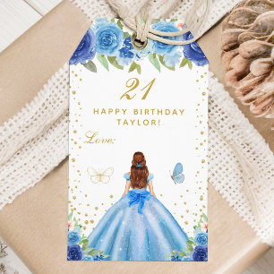 Etiqueta Para Presente Blue Floral Brown Hair Girl Happy Birday