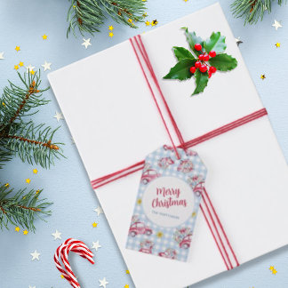 Etiqueta Para Presente Blue Gingham Vintage Red Christmas Cars