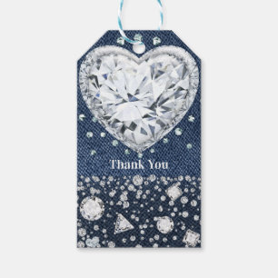 Etiqueta Para Presente Blue Jean Denim & Diamantes Brilho Coração de Diam