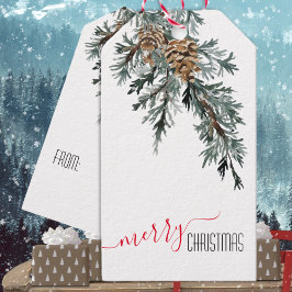 Etiqueta Para Presente Blue Juniper Branch Cones Feliz Natal