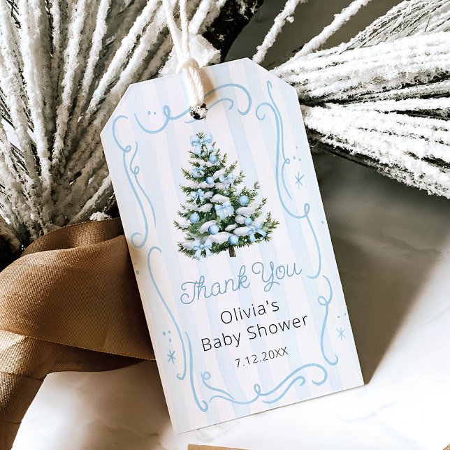 Etiqueta Para Presente Blue Winter Christmas Tree Baby Shower (Criador carregado)
