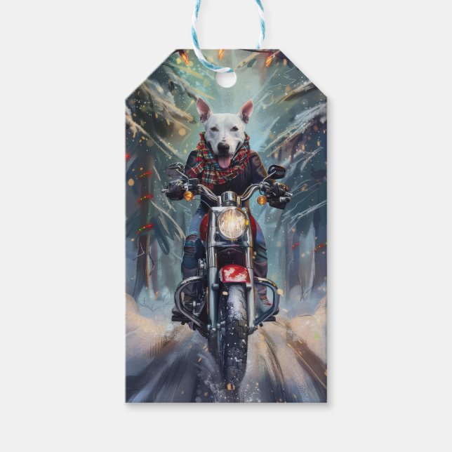 Etiqueta Para Presente BoBull Terrier Dog Dirigindo motocicleta Natal (Frente)