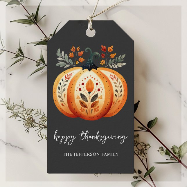 Etiqueta Para Presente Boho Folk Pumpkin Ação de Graças (Criador carregado)