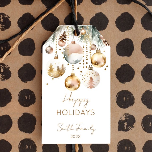 Etiqueta Para Presente Boho Natal neve pinça baufrágio de ouro (Boho Christmas holiday snowy pines gold baubles Gift Tags watercolor pines gold baubles gift tags)